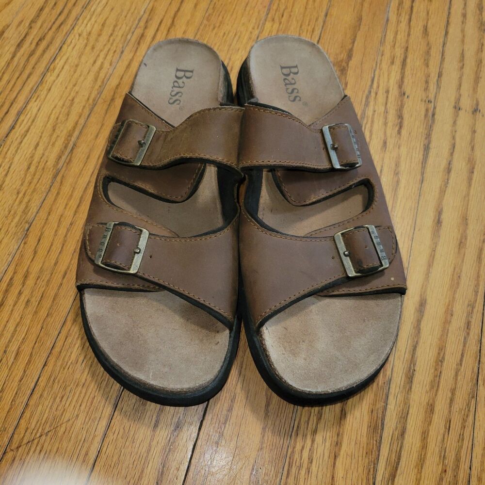 Bass & Co Men's Walking Sandal Casual Brown Leather 2 Straps Buckle Slides - 11